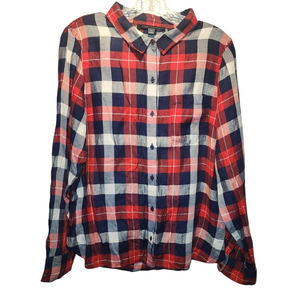 Tommy Hilfiger Womens Red White Blue Plaid Size Large